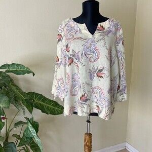 J Jill Love Linen Shirt Womens Large Yellow Floral Paisley 3/4 Sleeve Pullover